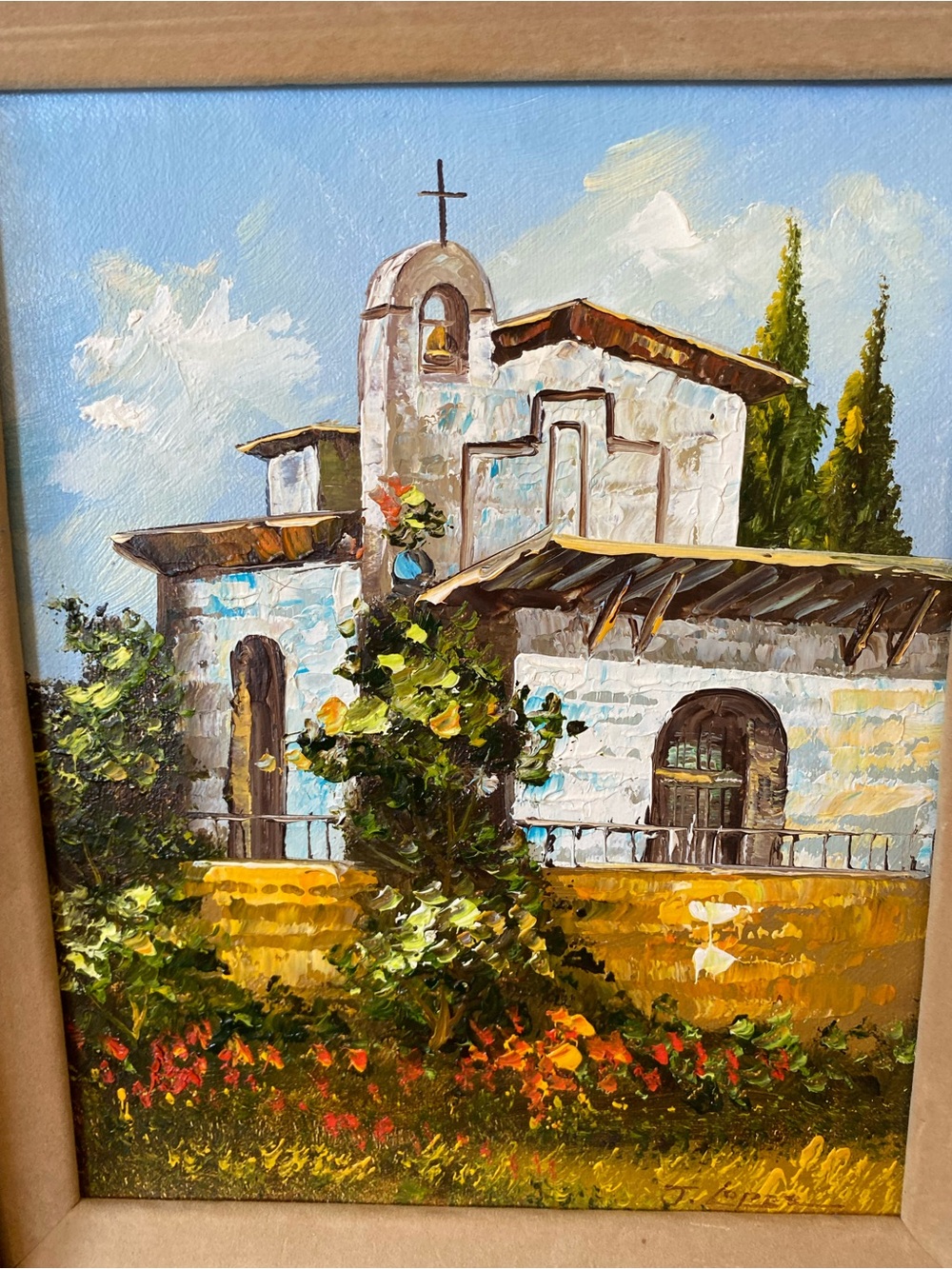 Vintage Mediterranean Church Canvas Art in White and Yellow - signed